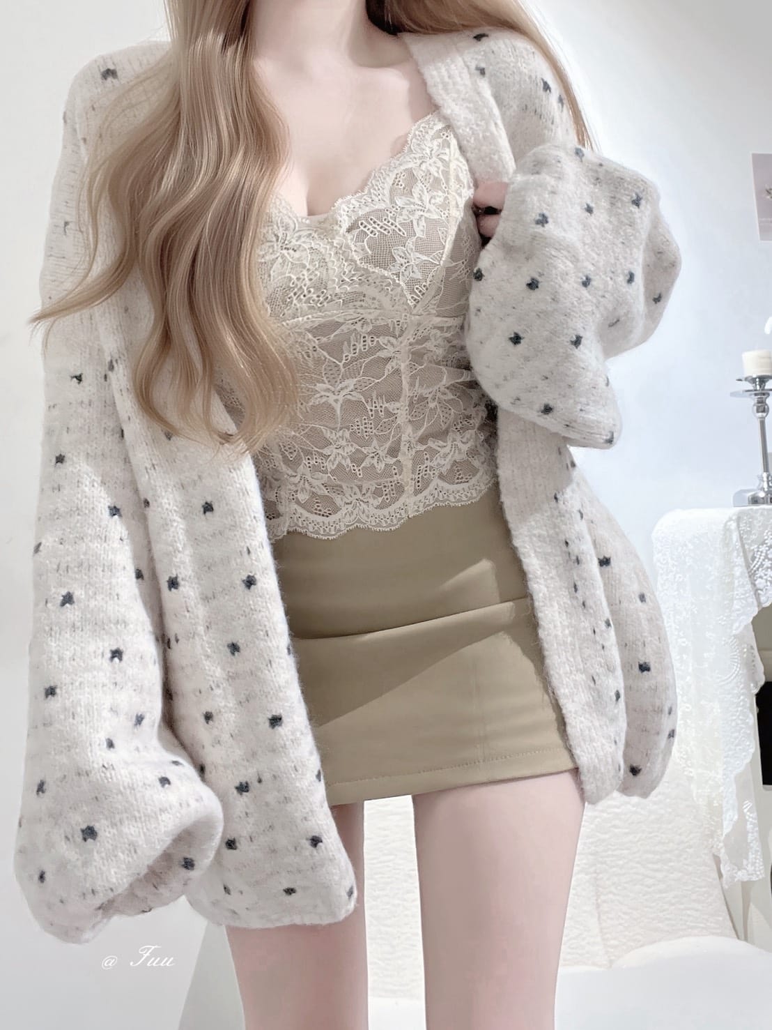 蕾絲內杯小背心＋西裝底褲包臀裙＋波點羊毛外套 三件組