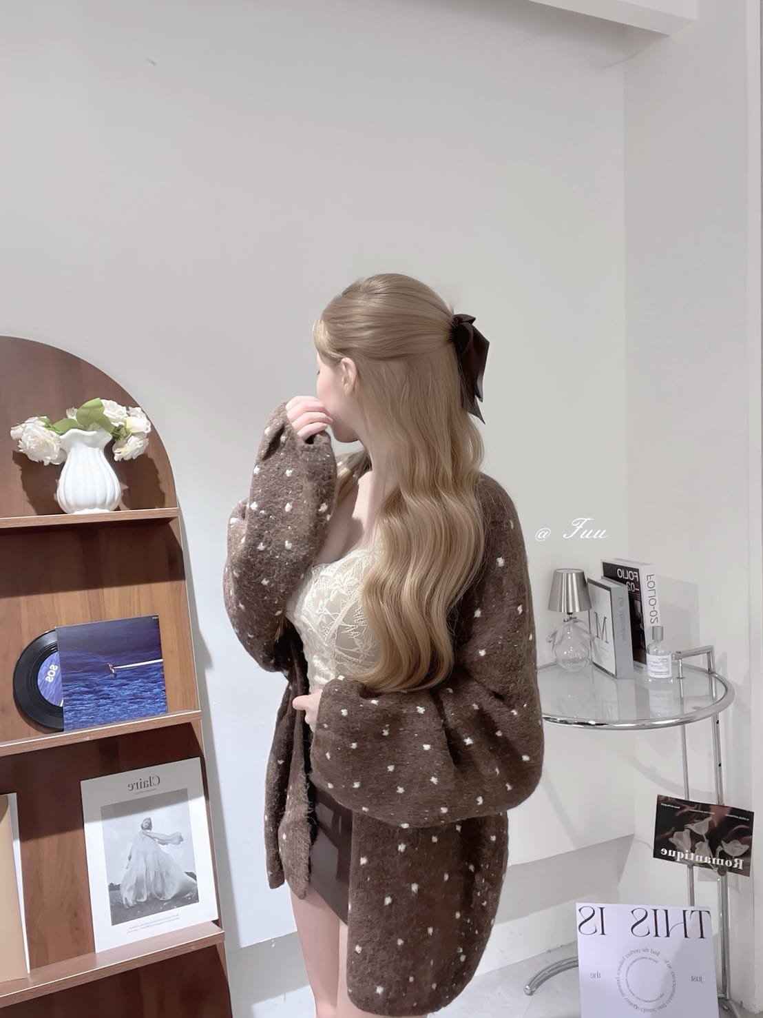 蕾絲內杯小背心＋西裝底褲包臀裙＋波點羊毛外套 三件組